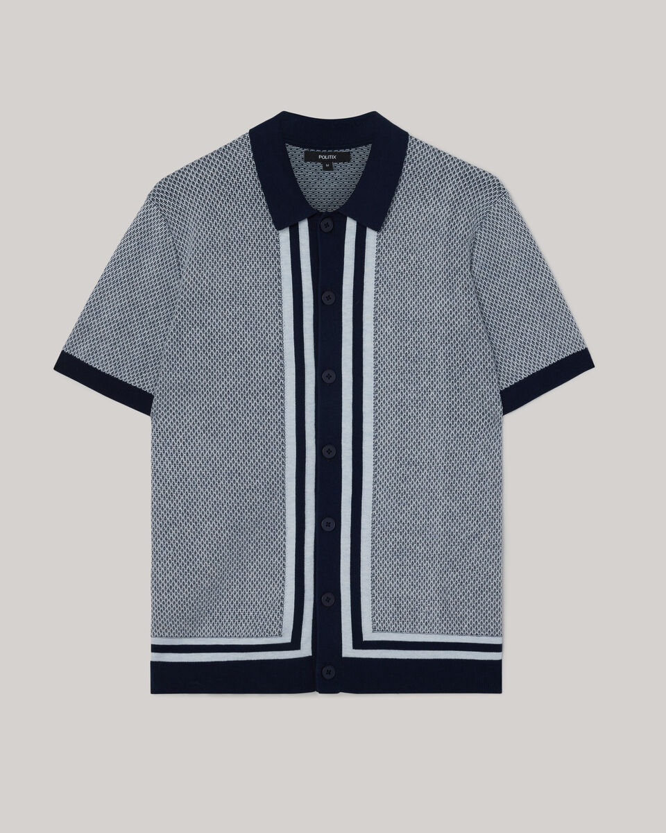 Panelled Short Sleeve Button Up Knit, Navy, hi-res